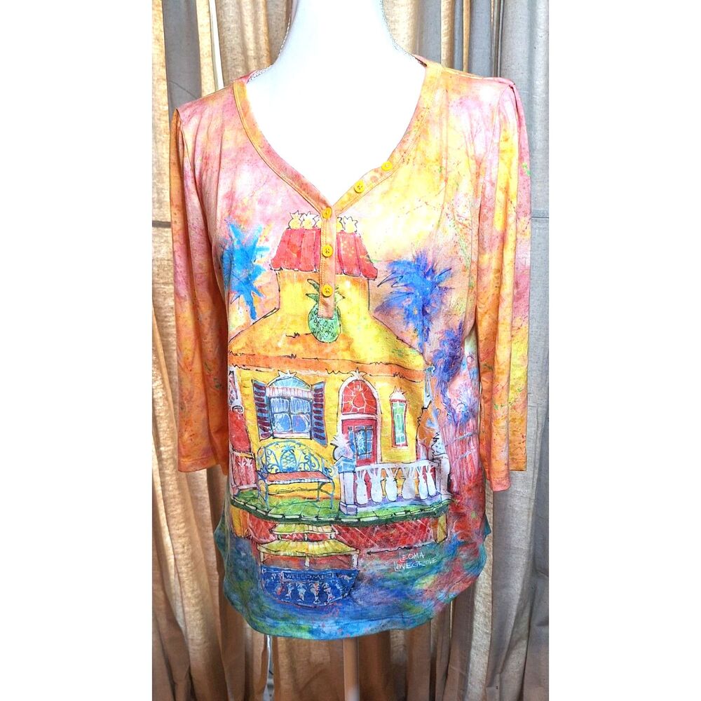 Leoma Lovegrove Women Colorful Pineapple House Print 3/4 Sleeve V Neck Sz M Top